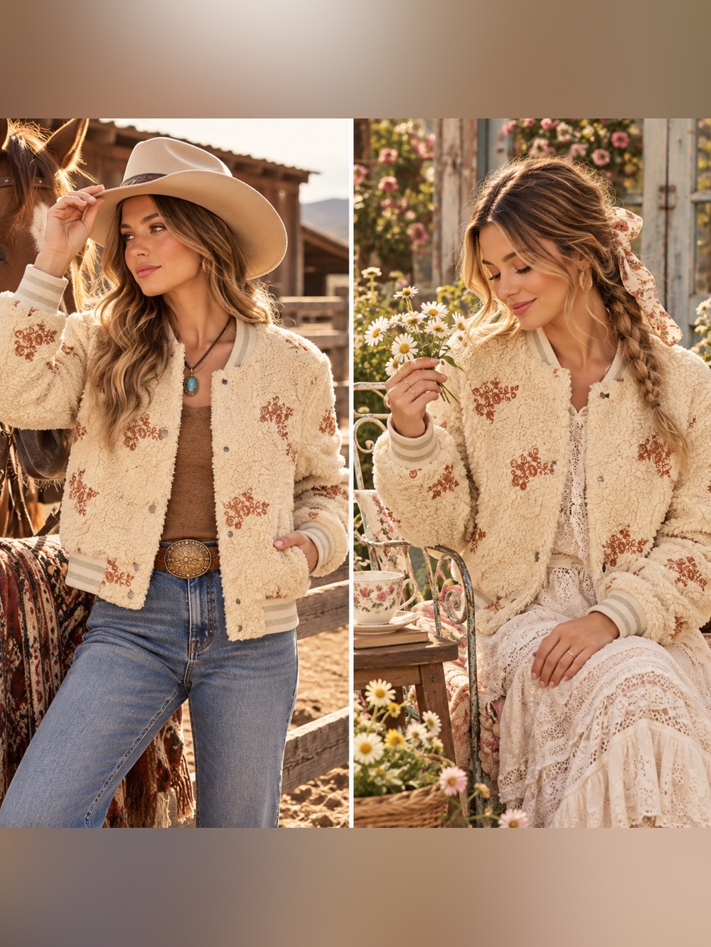 Beige floral embroidered banded Sherpa fleece Western horse boho coat jacket